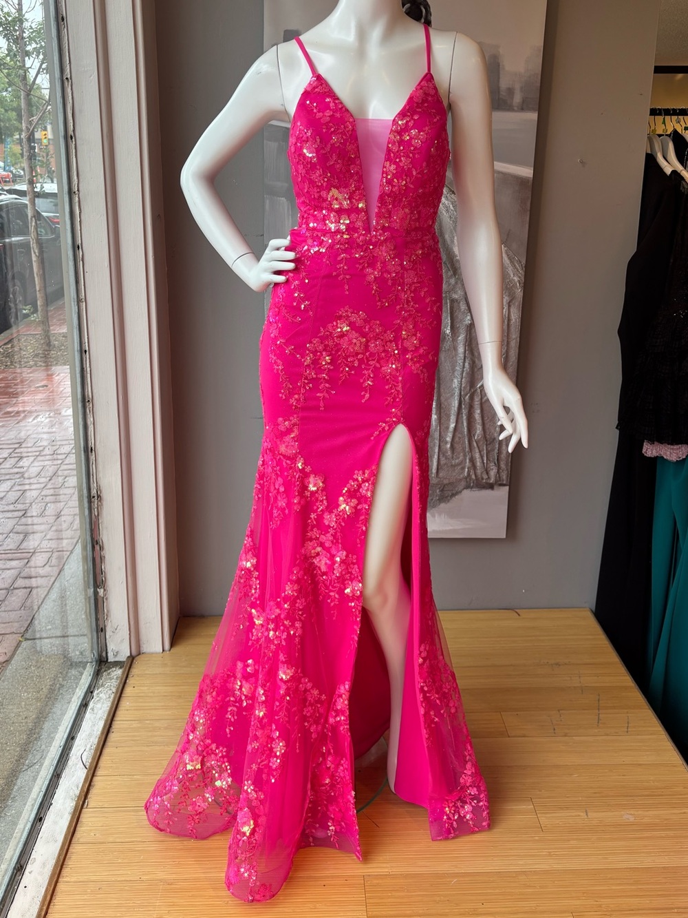 Fuchsia Sequin Spaghetti-Strap Prom Gown with High Slit